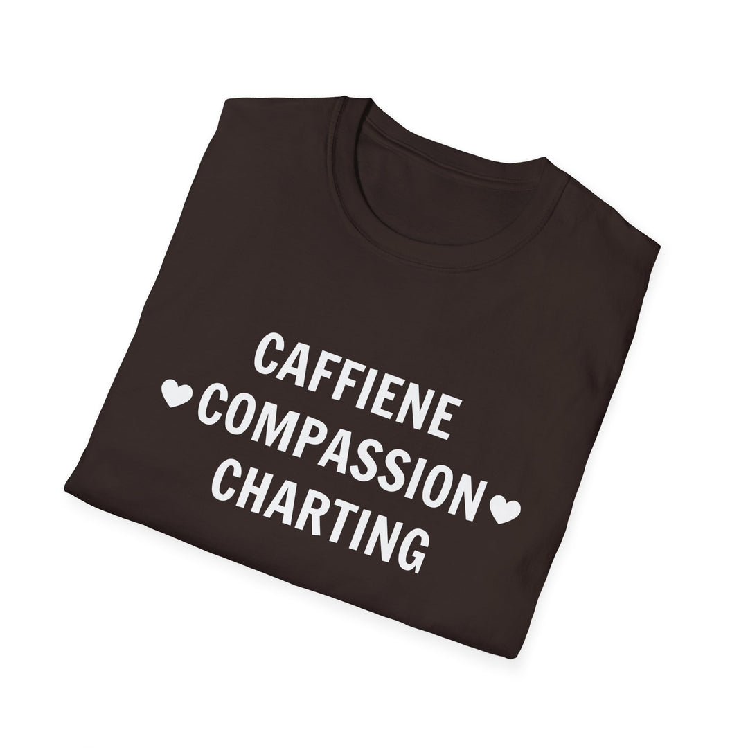 Caffeine Compassion Charting Nurse Shirt Light Print