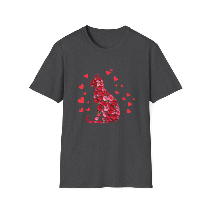 Valentine Cat T-Shirt — Red Floral Cat Silhouette with Hearts