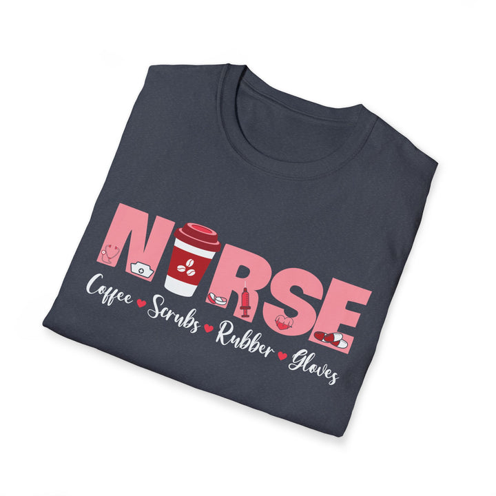 Nurse Coffee Scrubs Rubber Gloves T-Shirt — Funny Pink Nurse Tee