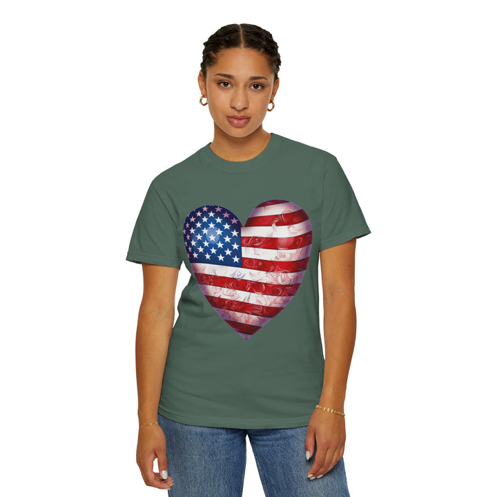 Patriotic American Flag Heart T-Shirt — Red, White & Blue 4th of July Gift