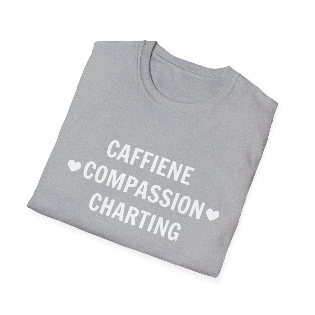 Caffeine Compassion Charting Nurse Shirt Light Print